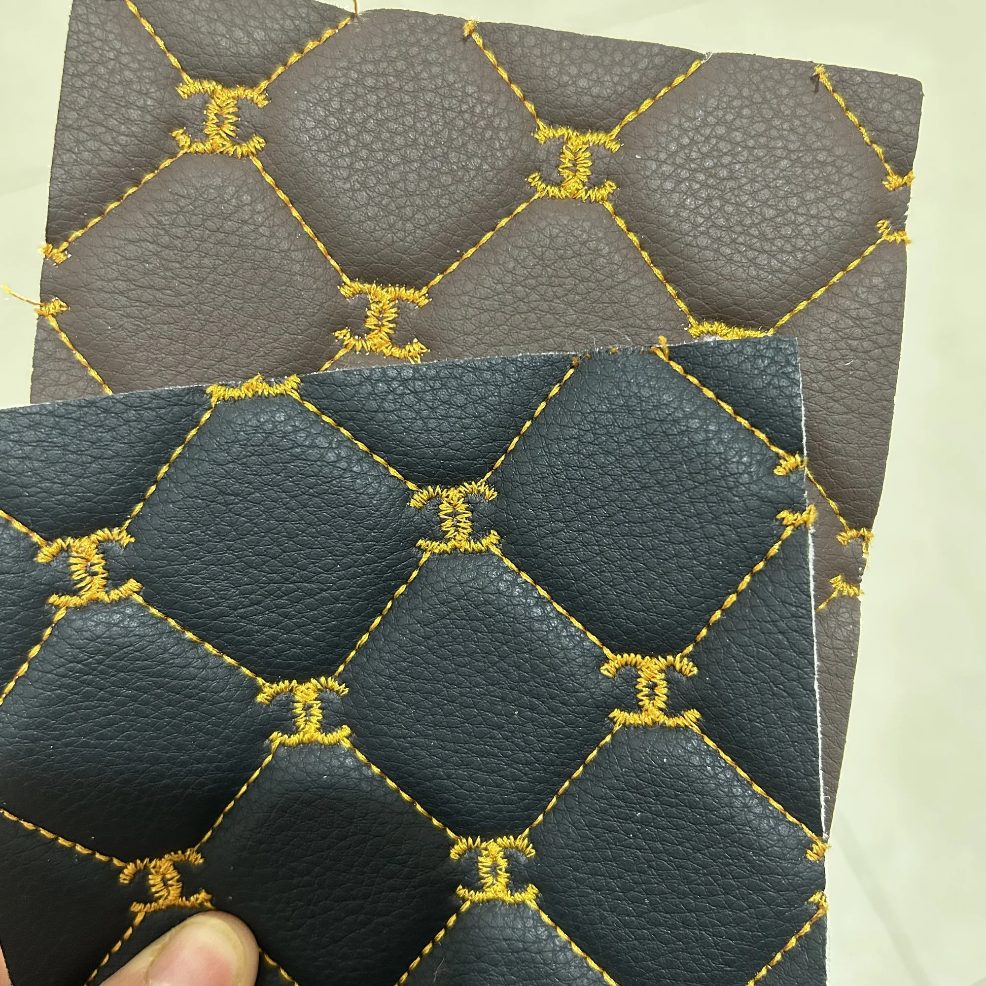 Diamond Sponge Quilted Embroidery Leather Fabric With Stitching