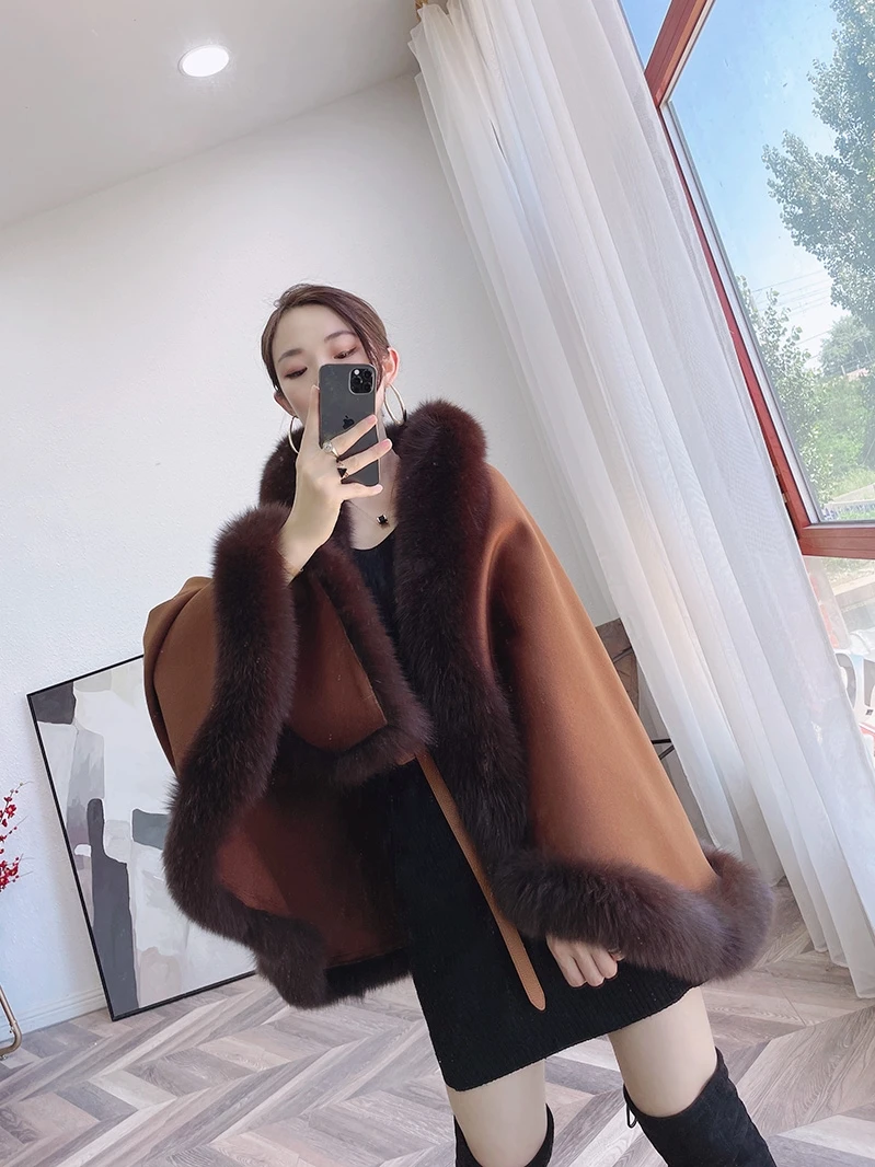 OFTBUY 2021 New Luxury Winter Jacket Women Ponchos Natural Real Fox Fur Collar Cashmere Wool Blends Coat Warm Fashion Outerwear