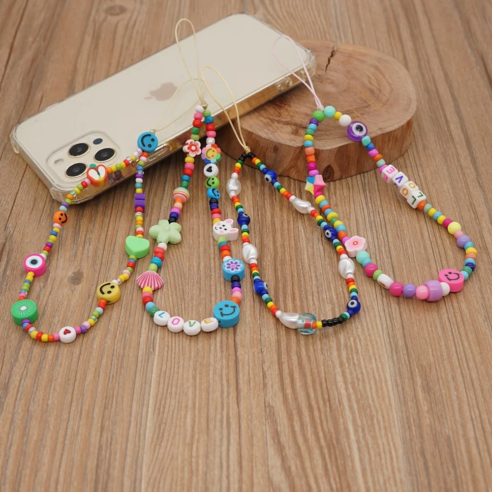 Ziming Customized Designed Polymer Clay Beads Phone Hanger Multiple Disc Clay Beads Smile Face Beads Phone Hanger