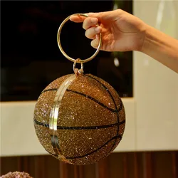 Hot Sale Women Luxury Bling Basketball Purse Lady Trendy Crossbody Bag Glitter Rhinestone Paved Round Chain Handbags