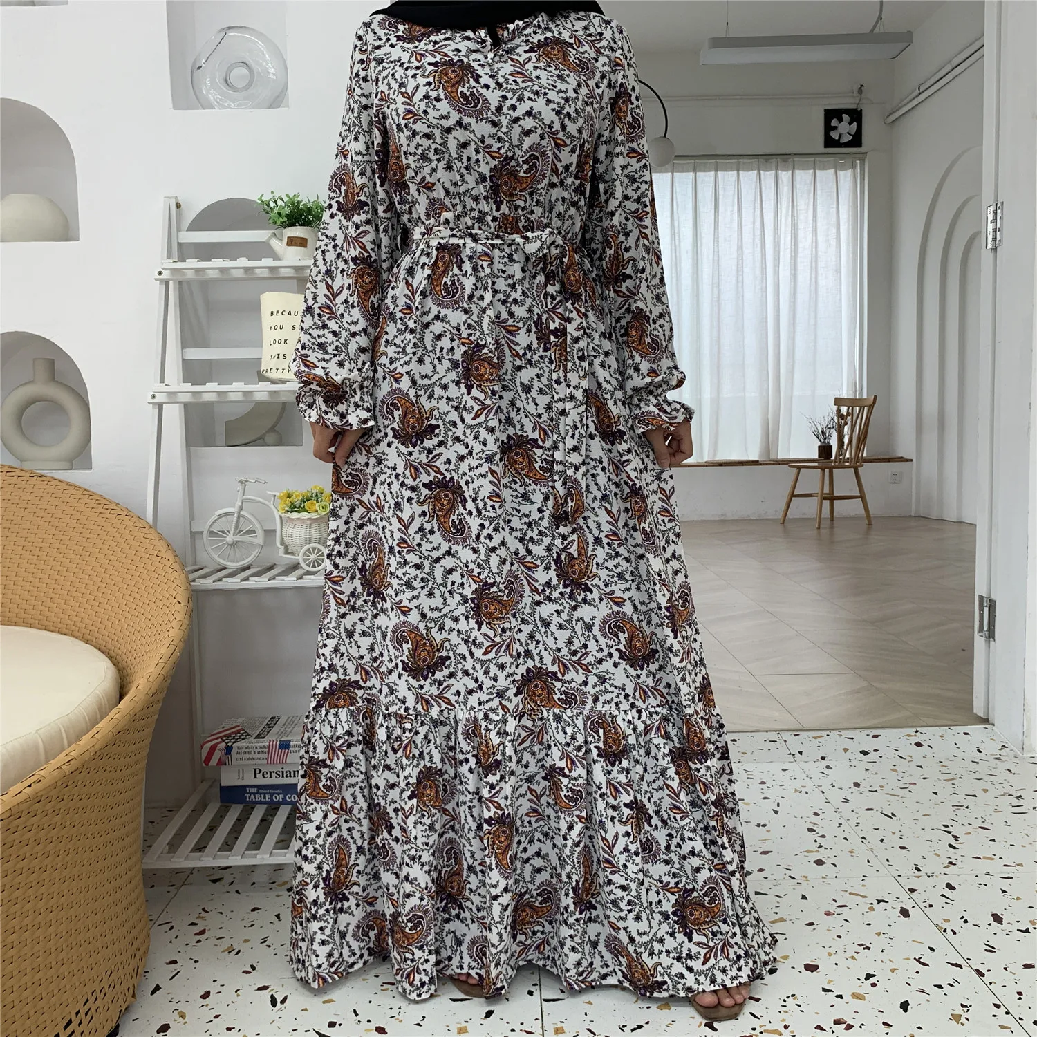 6373#Newest Floral Printed Long Chiffon Islamic Clothing Muslim Abaya Women Maxi Dresses