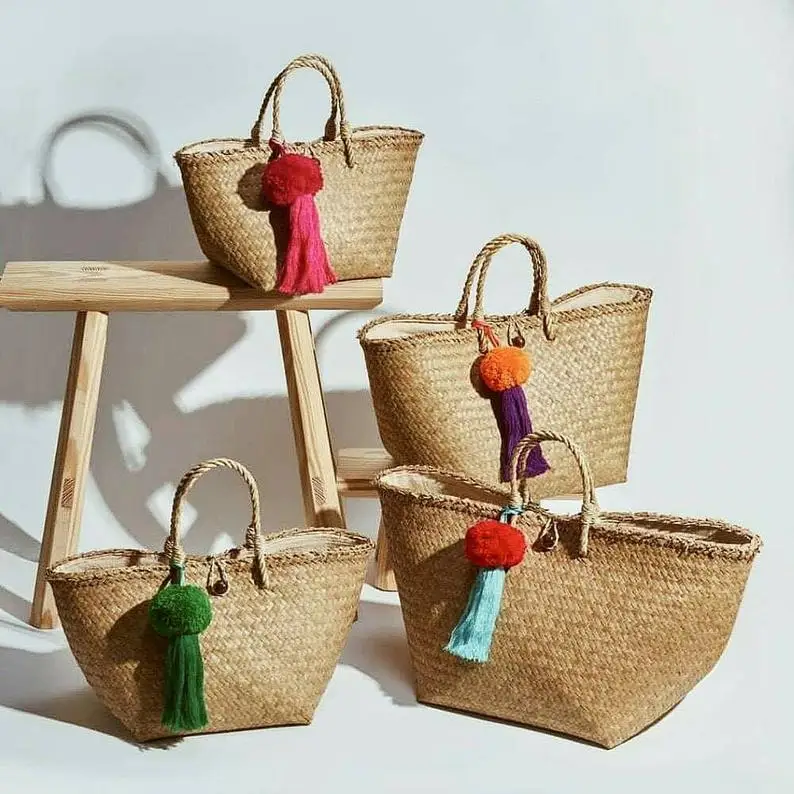 Plain Pom Pom Straw Bag Wholesale Summer Wicker Beach Tote Customized Bride Straw Beach Bags with Tassel