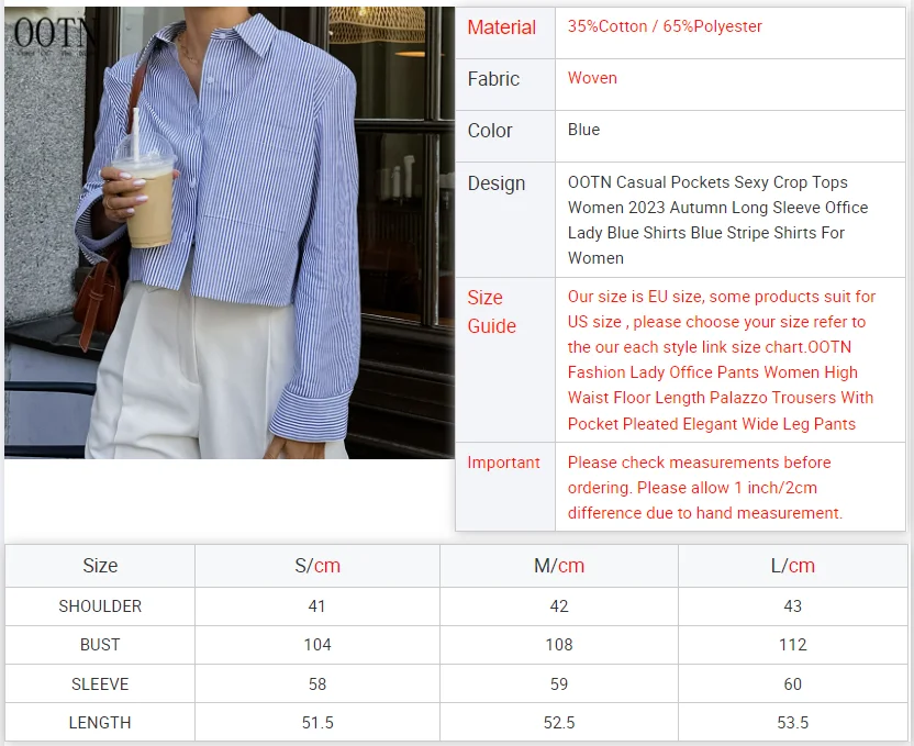OOTN Casual Pockets Sexy Crop Tops Women 2024 Autumn Long Sleeve Office Lady Blue Shirts Blue Stripe Shirts For Women