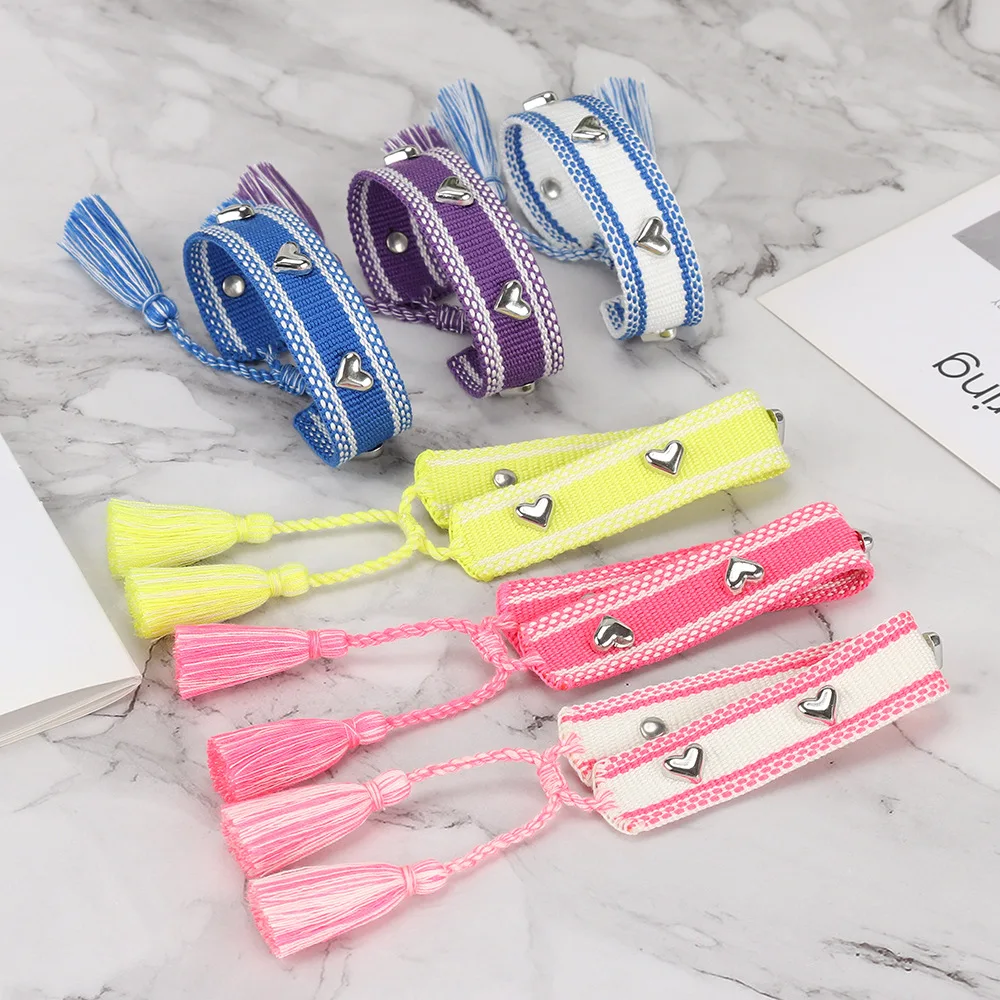 Silver Heart-shaped Metal Rivets Gift Wristband Woven embroidery adjustable rope woven Bracelets Friendship Bracelet Ladies Jewe