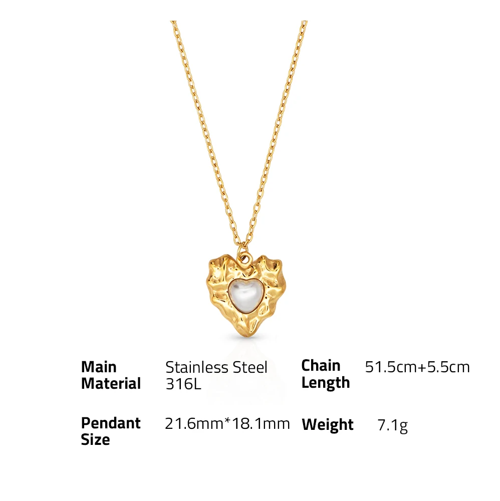 Chris April Non tarnish 316L stainless steel 18K PVD gold plated shell pearl heart shape organic cast pendant necklace