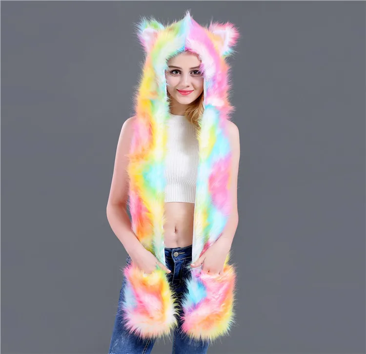Rainbow Fur Animal Hat Gloves Mittens 3-in-3 Function Furry Hat with Paws