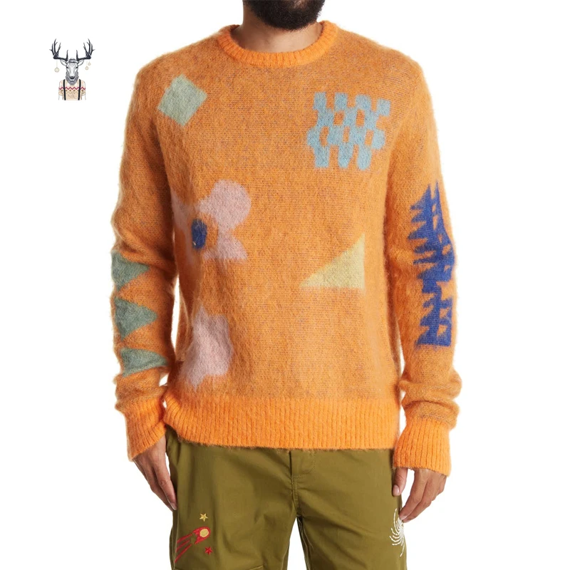 Unisex Jumpers Mohair Jacquard Knitted Oversized Knitwear Custom Logo Fleece Men Sweater Hombre