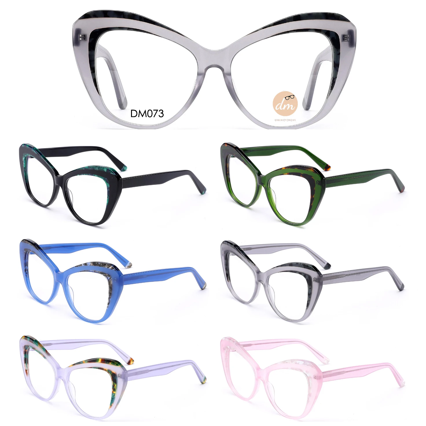 Customization Transparent Candy Color Cat Eye Handmade Lamination Acetate Eyeglasses Frames