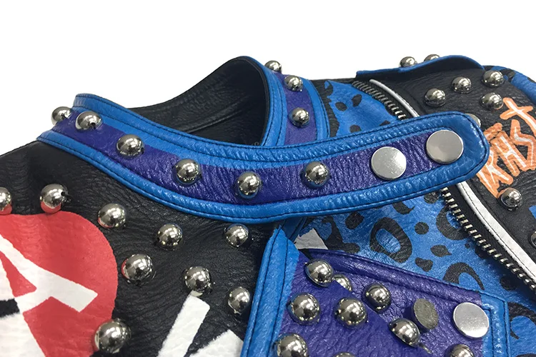 Leather Girl Street Rivets Leopard Letters Graffiti Colorful  Printed  Motorcycle Short Turn-down collar  Punk Rock Jackets