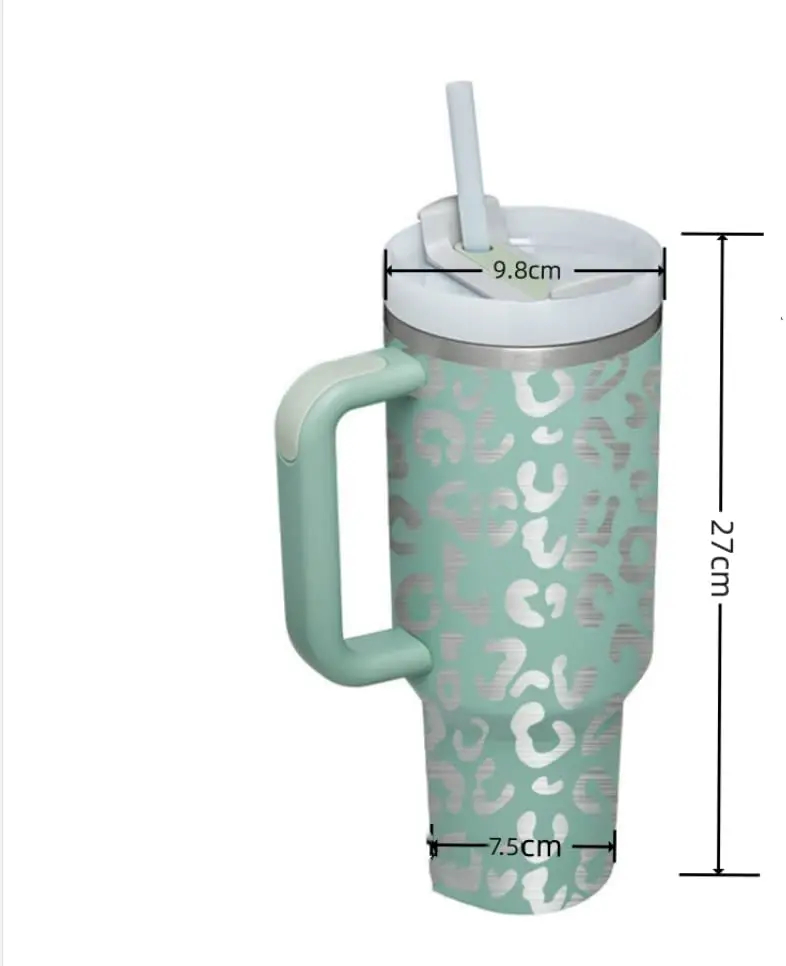 New High Capacity Laser Leopard print with handle 40OZ Double Layer Insulation Rainbow Car Cup with Straw