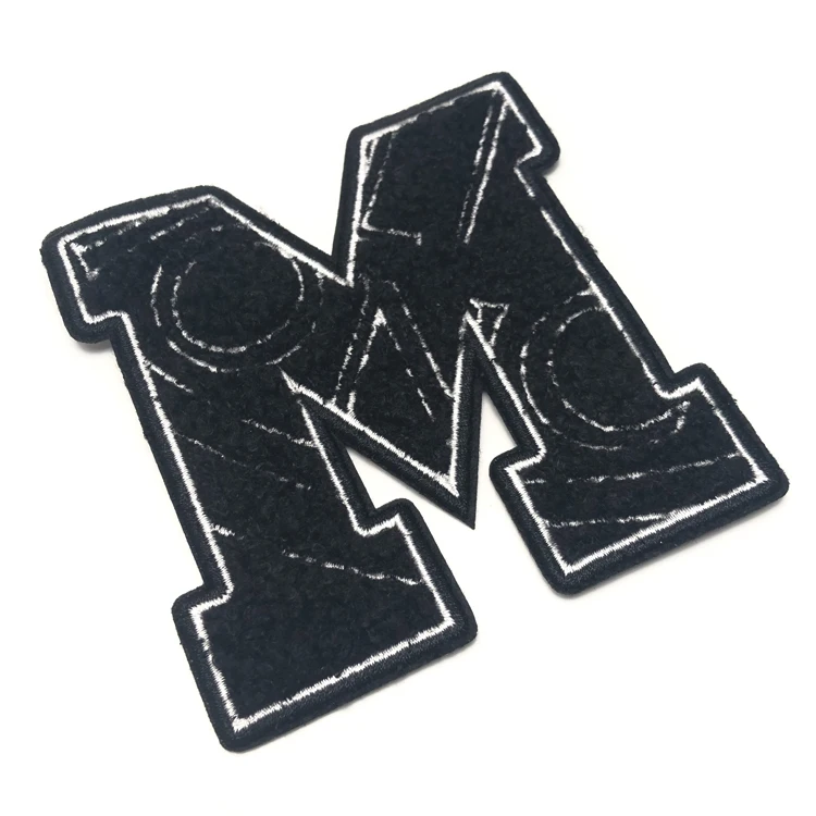 Black M Letter Chenille Patches Custom Designer Brand Logo Wholesale Sewing on Embroidery Patches for Hoodie