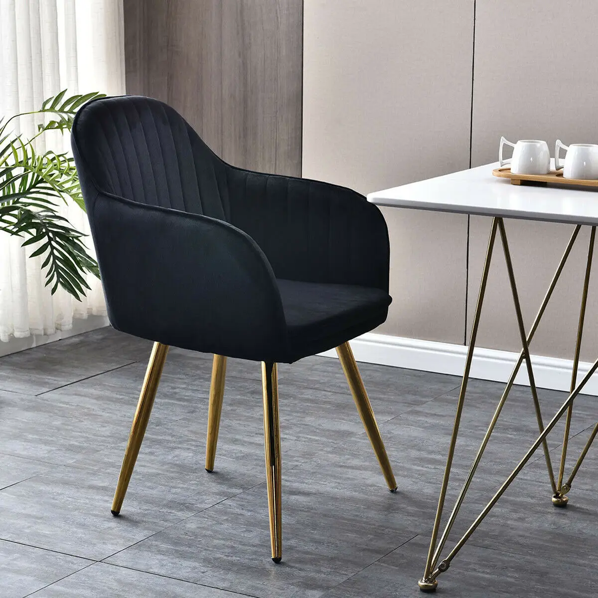 Set of 2 Black Dining Chairs Velvet Accent Breakfast Chair Metal Legs Cushion Armchair New