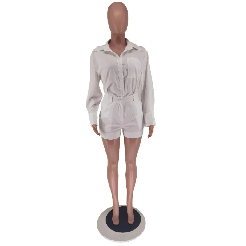 Women Two Piece Outfits Casual Solid Blouse Shorts Set Button Up Jacket and Short Suit Sets Summer Formal