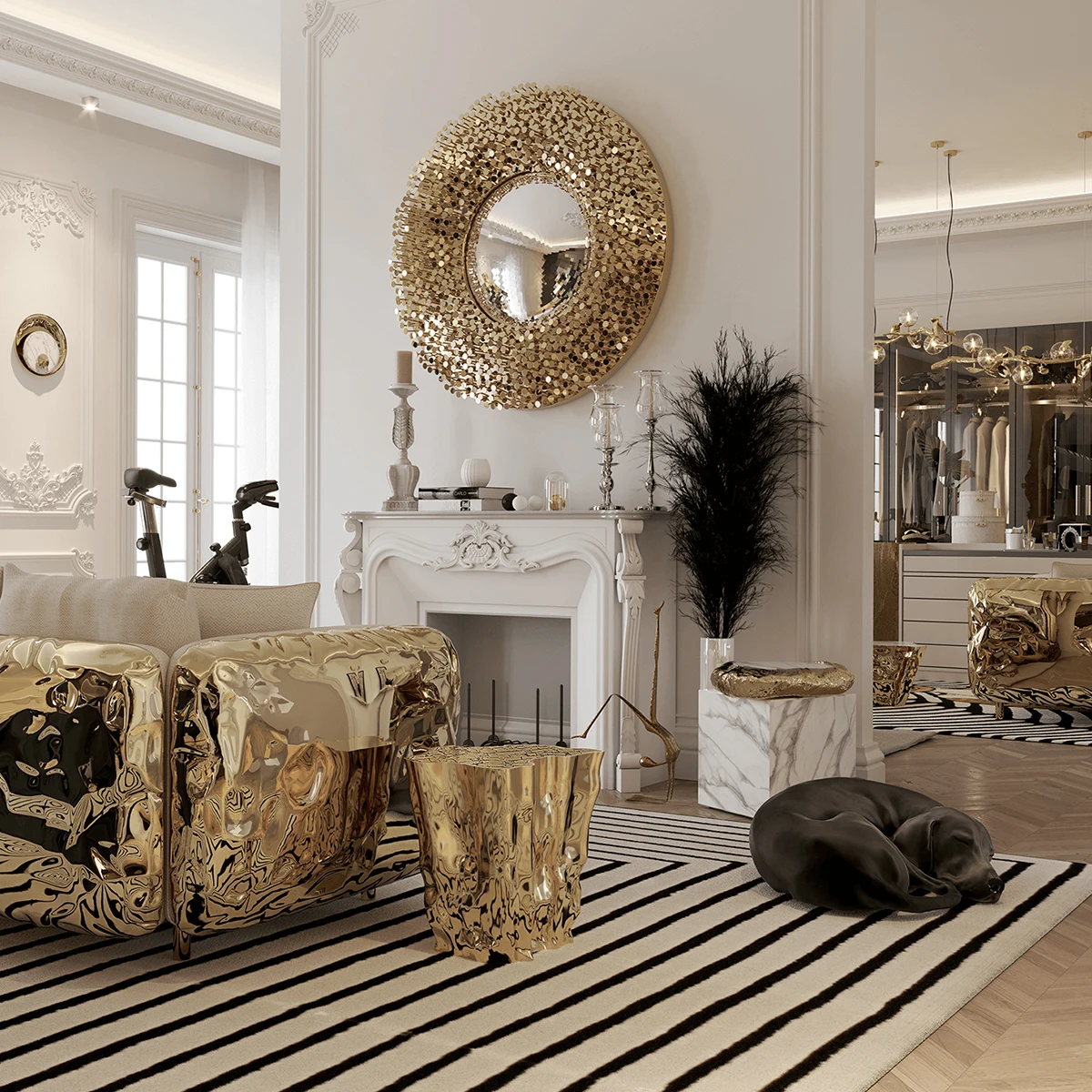 Unique Side Table Set with Polished Casted Brass and Engraved Golden Tree Design