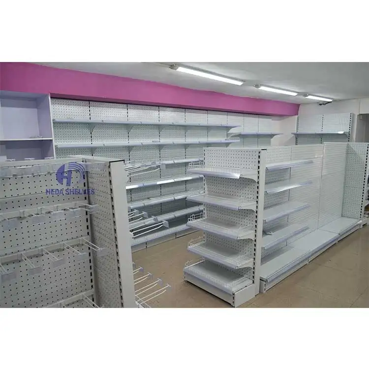 Customized general store products Double-side supermarket gondola shelves with wire mesh backboard