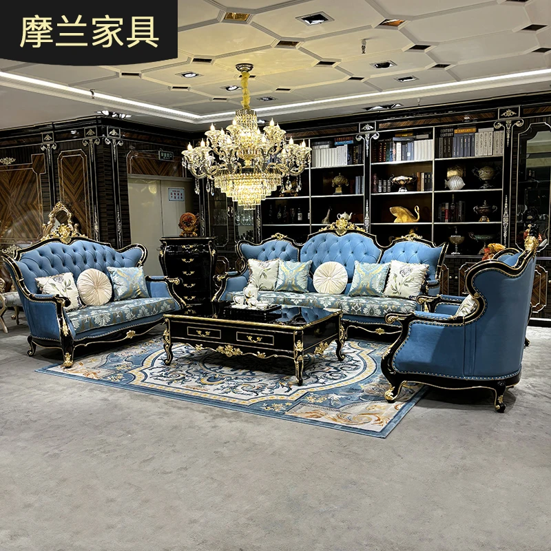 MO LAN French fabric sofa 124 combination sofa European luxury solid wood embroidery living room carved blue sofa