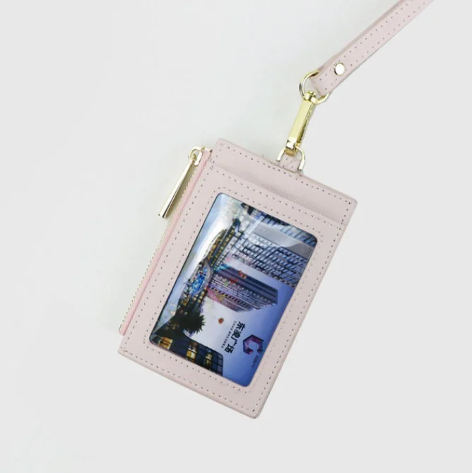 custom zipper badge saffiano genuine leather name id card holder with lanyard