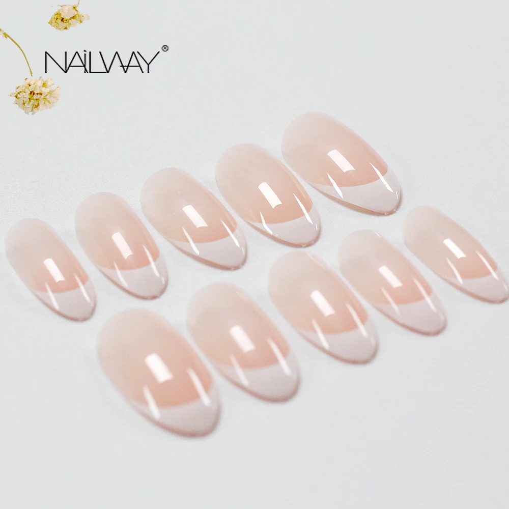 Hot Factory Pink Stiletto French Nails Manicure New Water Drop Press On Nail Almond Medium Length French Fake Nails 2020