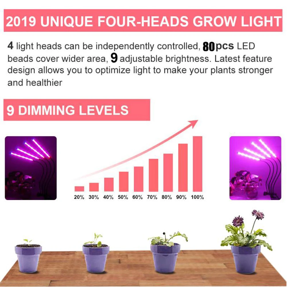Amazon Hot Deals 4 Head Grow Light 80leds 40w 3H 9H 12H Timer Desk Plant Light Adjustable Full Spectrum For Greenhouses Flowers