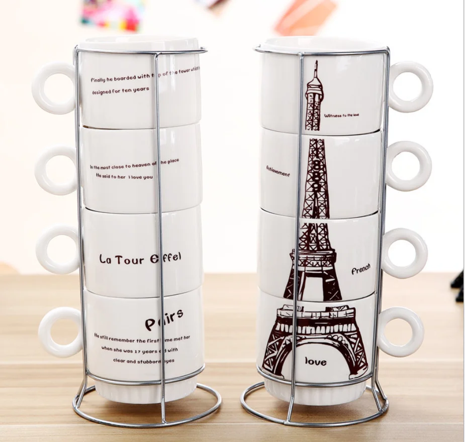 Best selling Porcelain Stackable Ceramic Espresso Cups latte coffee mug and Metal Stand