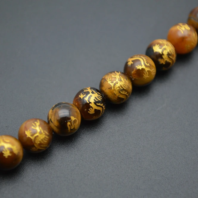 Carved Chinese Dragon Natural Yellow Tiger Eye Stone Round Loose Beads Buddhist Jewelry making supplies