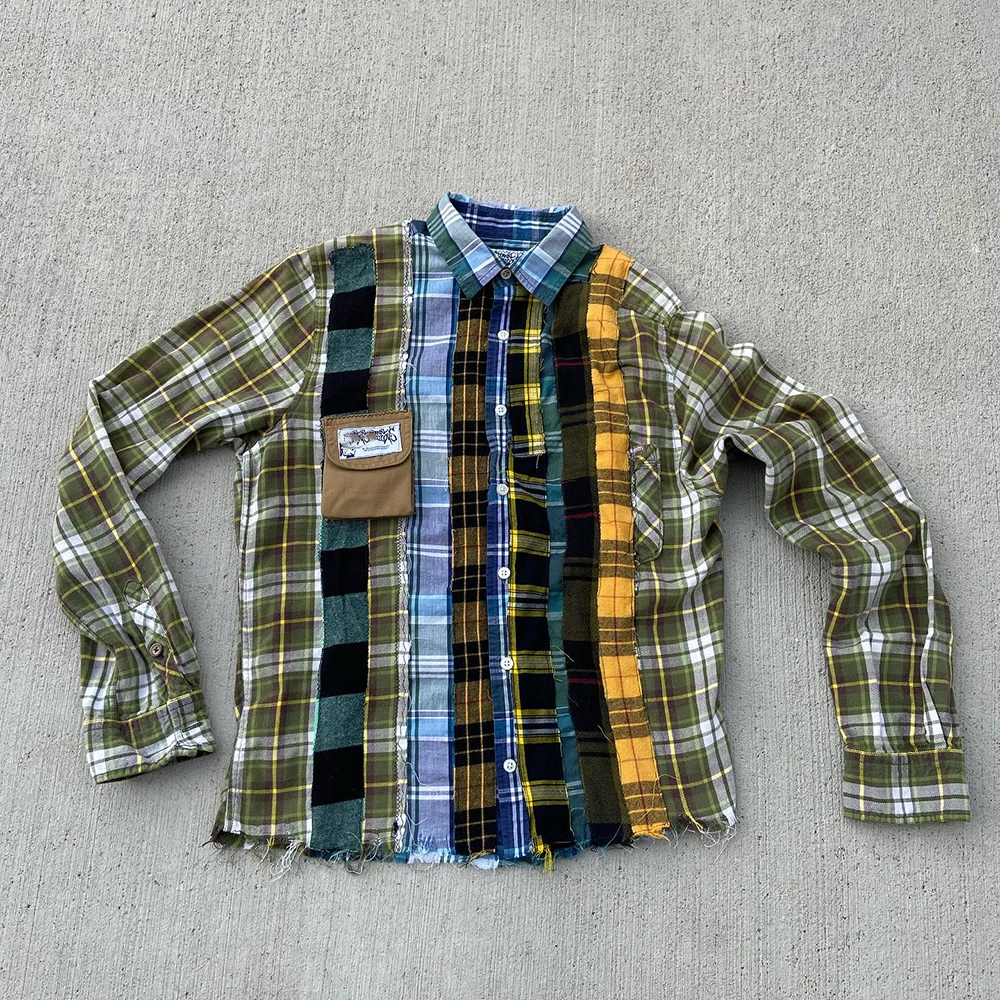 Custom hip hop streetwear uneven hem distressed men plaid shirts paneled flannels patchwork cut and sew panel flannel shirt
