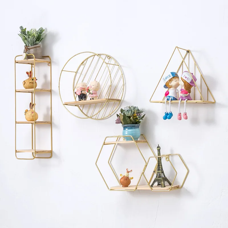 
Wholesale high quality polygonal geometric metal and wooden wall hanging shelves 