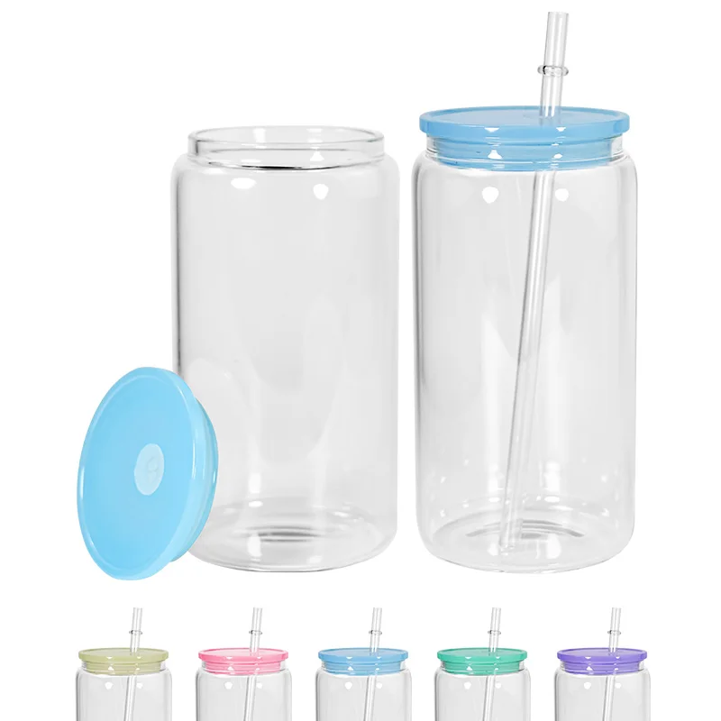 wholesale 16 oz Gradient color frosted sublimation sub pink water beer glass can shaped glass with new lids and straw