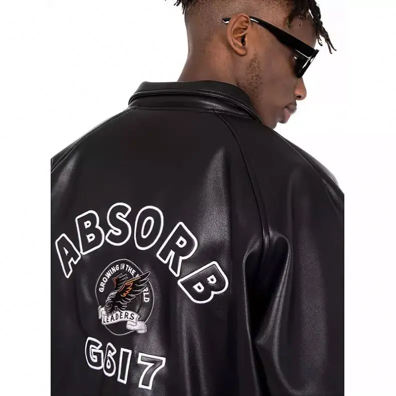 Fashion Style Winter Waterproof Button Pu Faux Leather Jacket Embroidery Logo Leather Motorcycle Biker Men Jacket