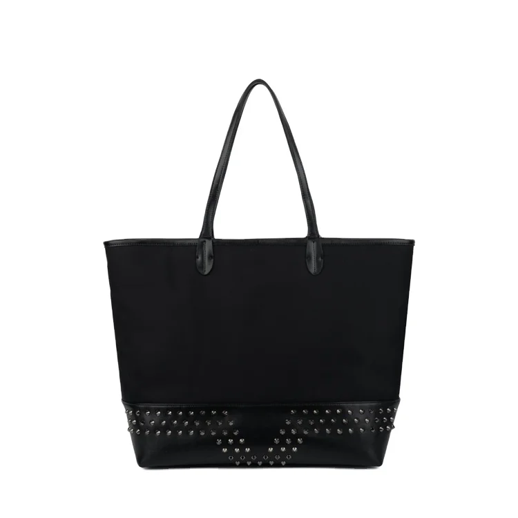 Popular High Density Water-resistant Trendy Black Nylon Work Tote Rivet Shoulder Bag Handbag for Women