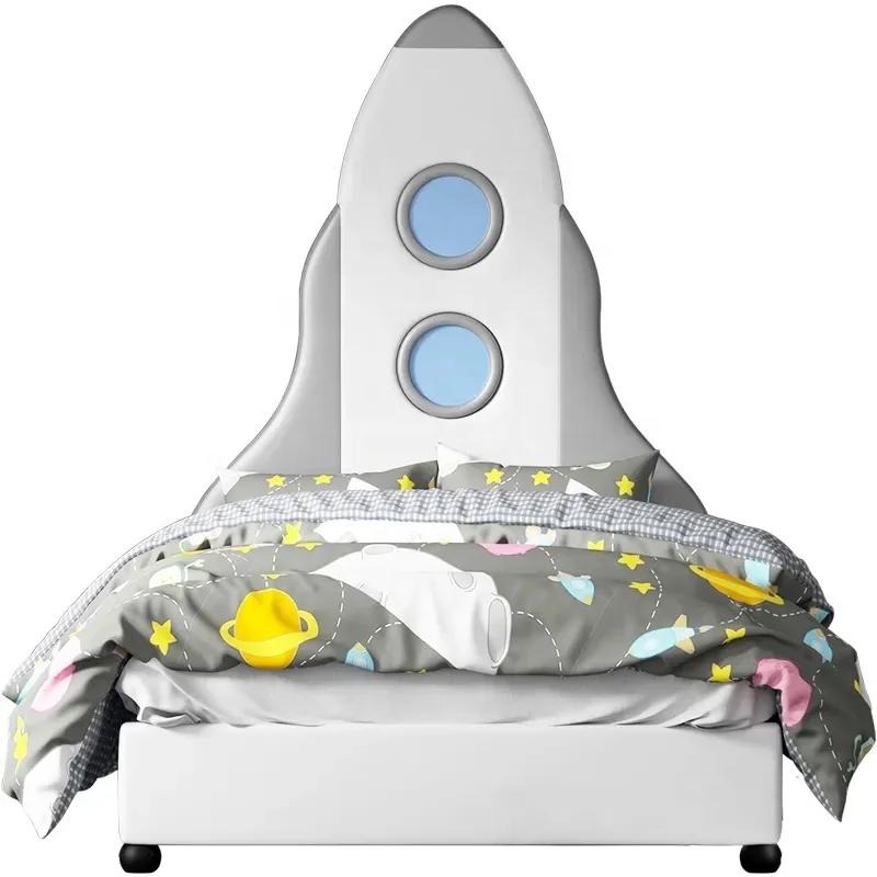 Q&N Grey Rocket Headboard Toddler Boys Storage Bed Upholstered Solid Wood Frame Kids Bedroom Set