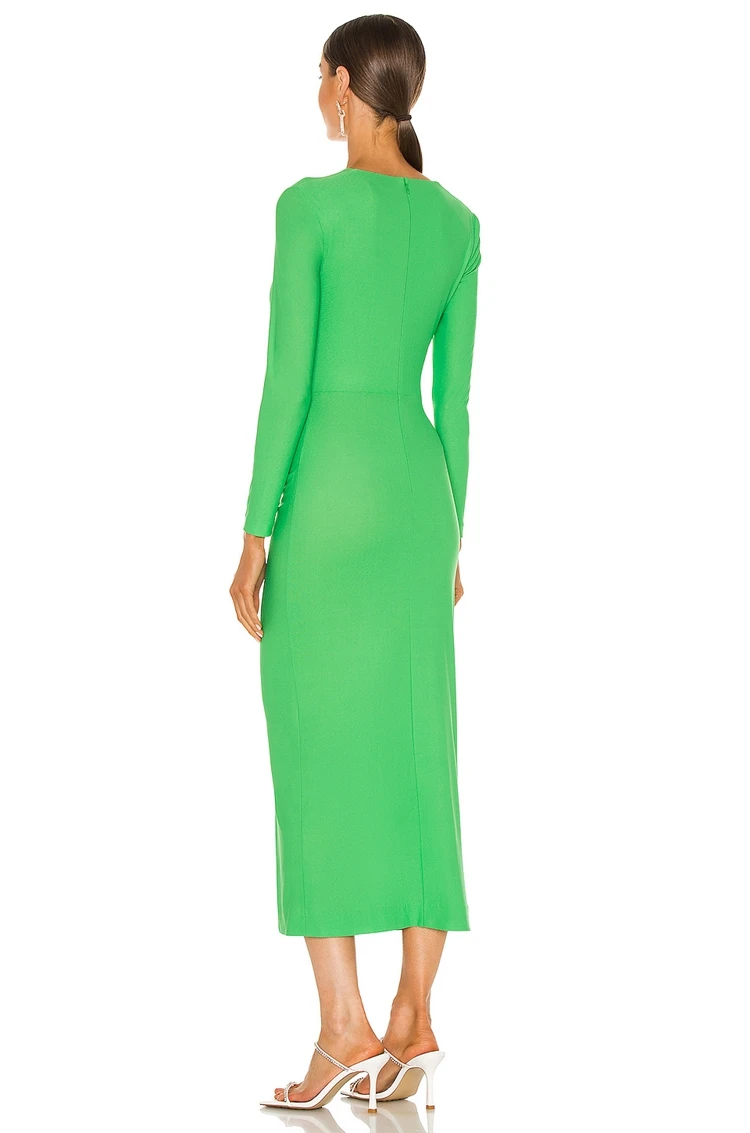 OEM party green V-neck crepe fabric evening long sleeve sexy ruched knot draped midi dresses women