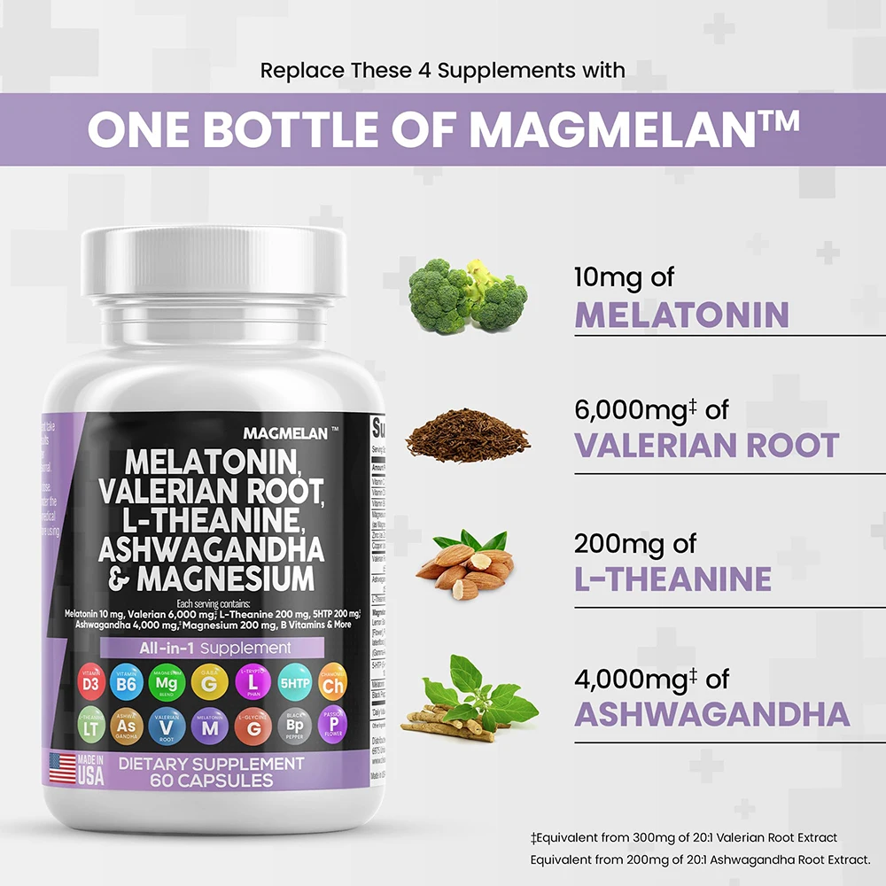 Ashwagandha Capsules Valerian Root L-Theanine magnesium Capsules ALL IN ONE Melatonin Capsules With FAST SHIPMENTS