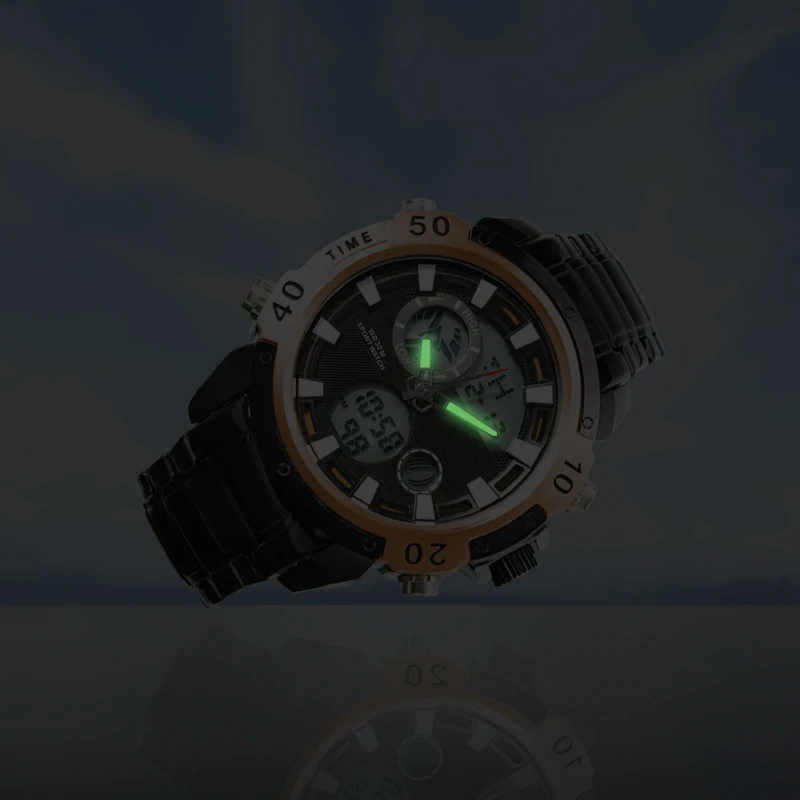 Casual Sports Watch LED Digital Waterproof Quartz Watch Dual Clock Stainless Steel Watch for men