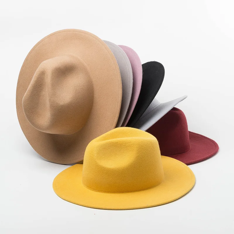 High quality autumn winter fashion simple dome top big brim Fedora wool felt lady jazz hat gentleman concave modeling hat women