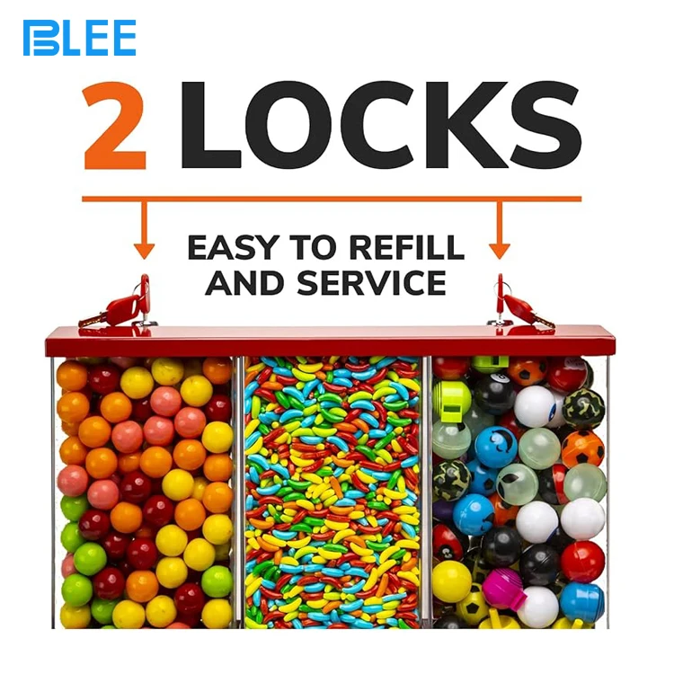 Coin operated red classic candy vending machine business triple compartment gumball dispenser candy vending machine with Stand