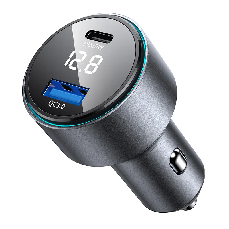 Trend metal digital display voltage car charging fast charge, with atmosphere light single A and single C port 48W fast charge