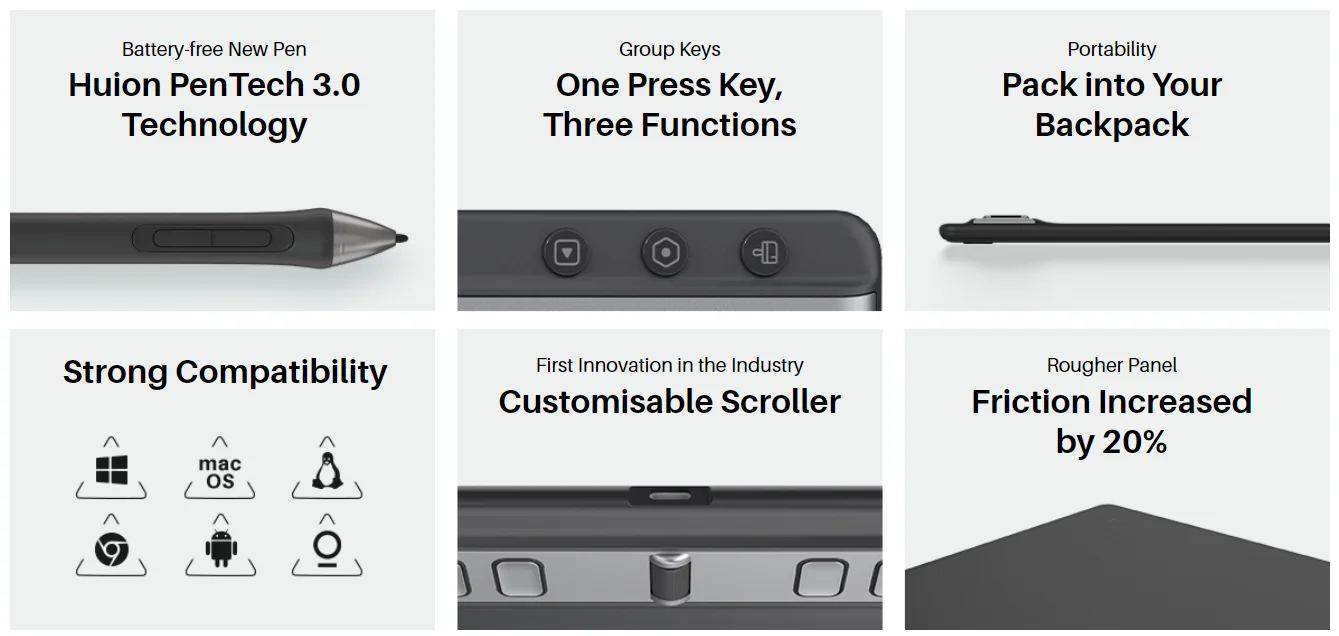 Huion inspiroy 2 H1061P paperless digital graphic tablet with scroll wheel 8 customized keys black drawing  tablet for designer