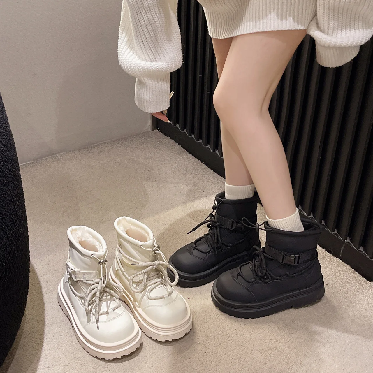 White fashion all-match casual snow boots women 2024 winter new thick-soled increase and pile thickened cotton shoes