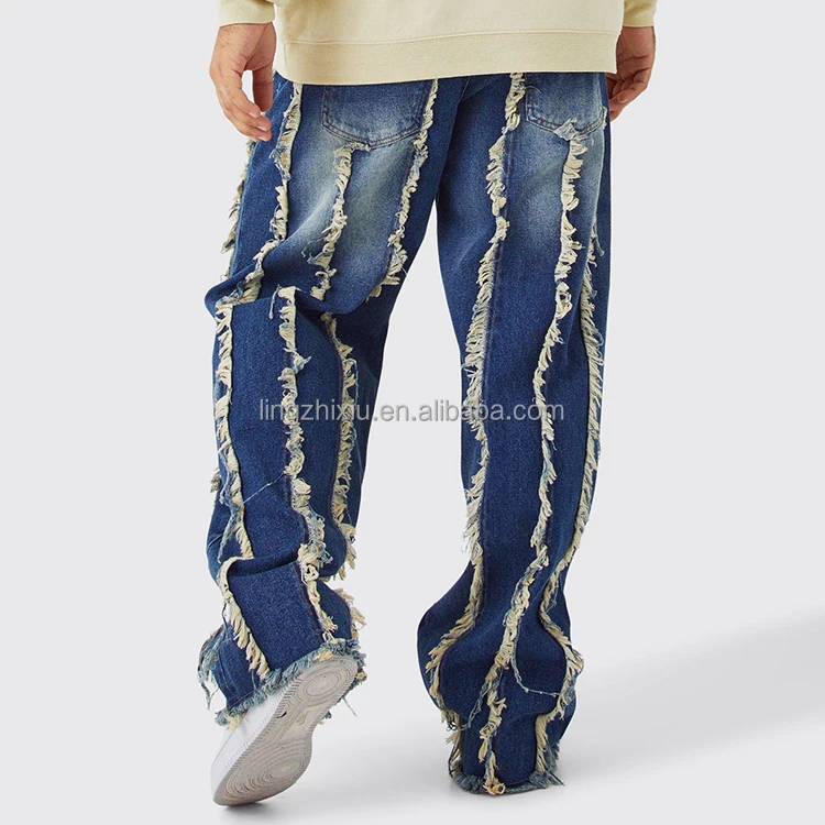 New Arrival Street Style Casual Plain Loose Oversized Antique Wash Cotton Denim Jeans Baggy Frayed Edge Jeans