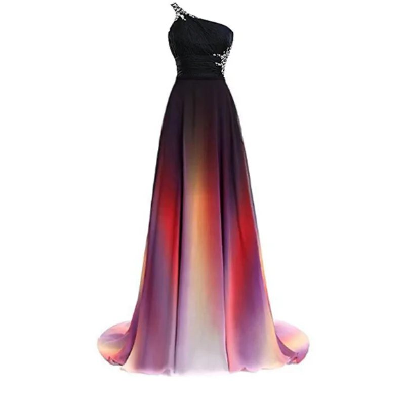 Hot Sale One Shoulder New Fashion Slim Color Gradient Long Prom Ball Gown Evening Dress