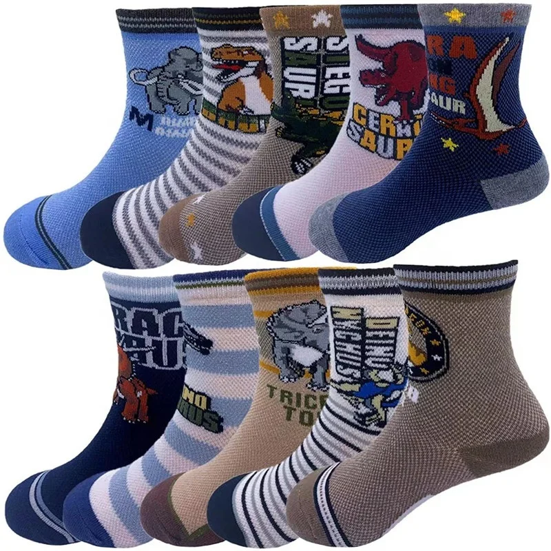Wholesale 4-12 Year Kids Boys Child Children Cartoon Dinosaurs Pattern Crew Sports Socks 10 Pairs