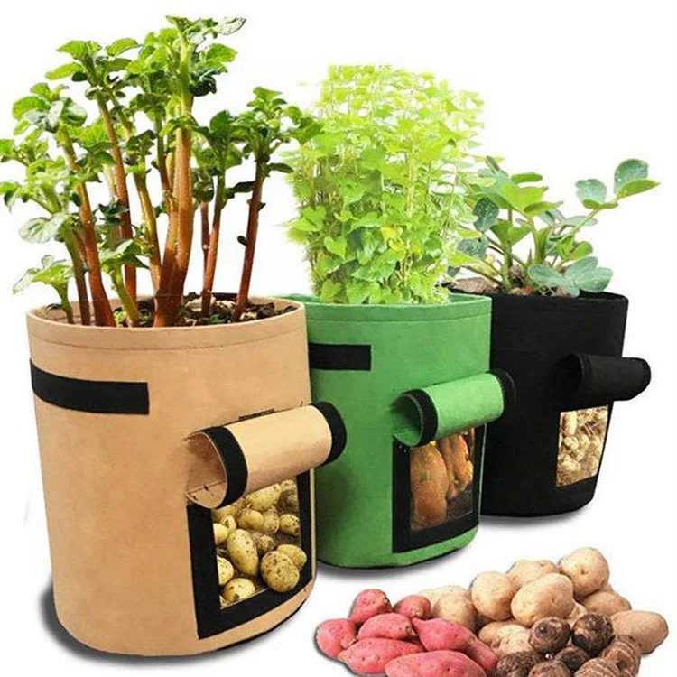 Eco Friendly Felt Tomato Potato Plant Pots Growing Bags With Window Flap Breathable Nonwoven Plant Bags with 2 Sturdy Handles
