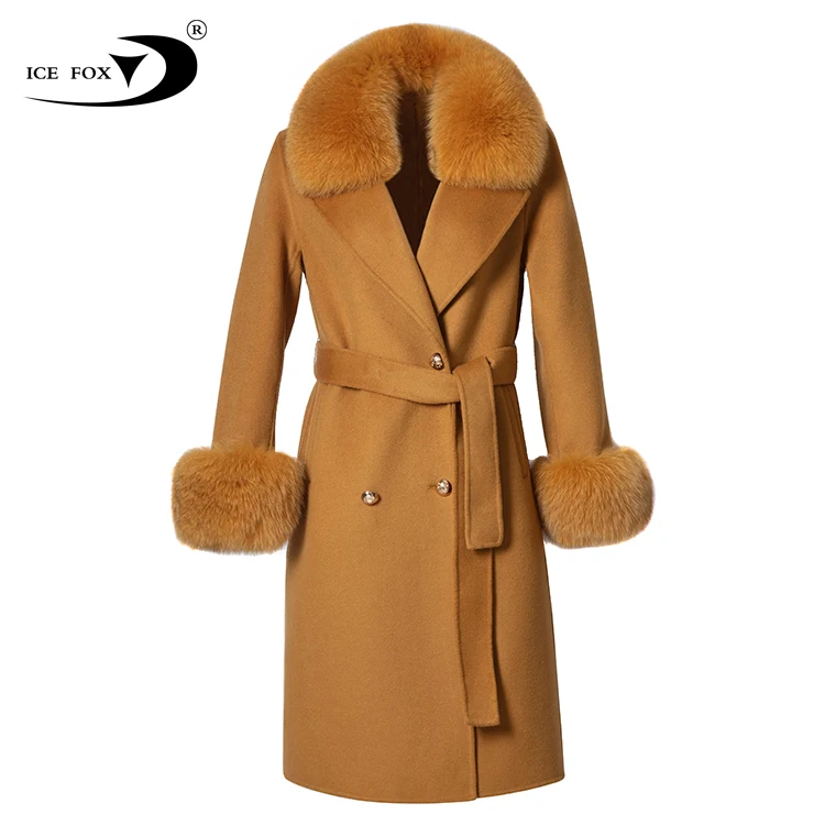 Real fox fur collar and cuff ladies fashion trench cashmere women coat Double side Wool real fur wool coat