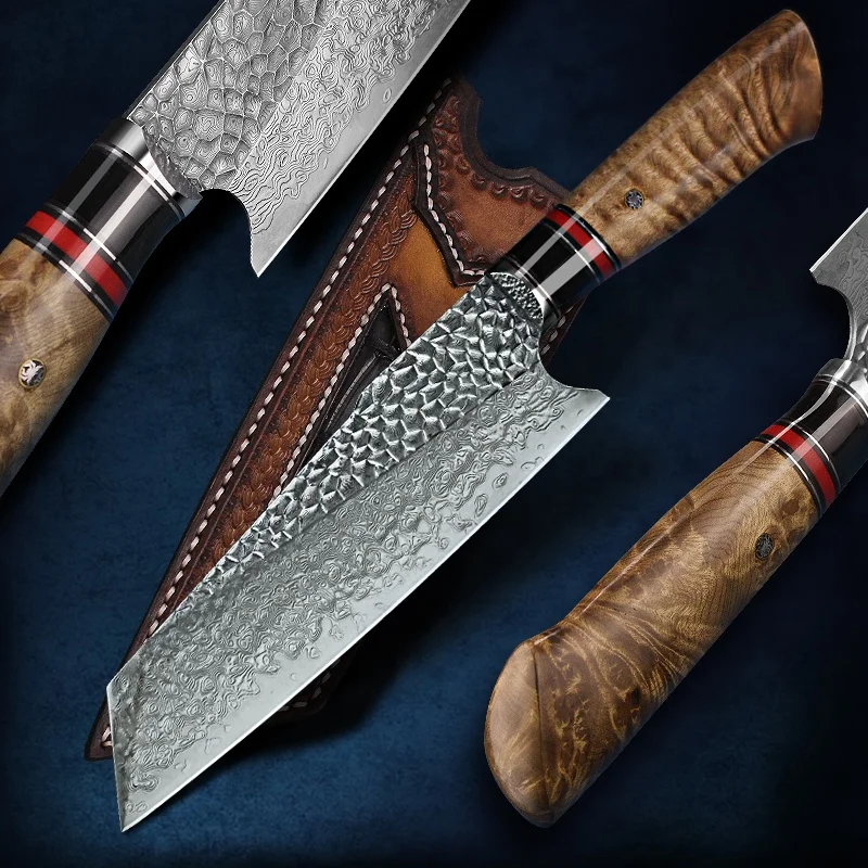 Hot Sell 8in Burl Stabilized Handle VG10 Damascus Stainless Steel Blade Leather Sheath Japanese Kitchen Santoku Knife