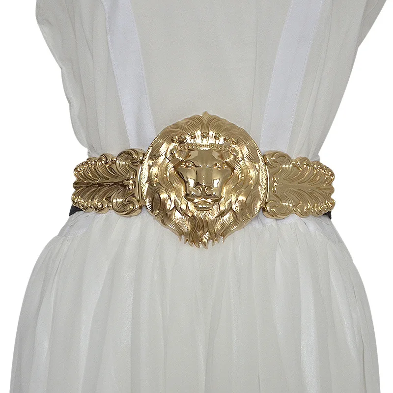 Golden Lion Head Women Girdle Belt  Black Waistband Metal Round Buckle Elastic Exaggeration Waist Belt
