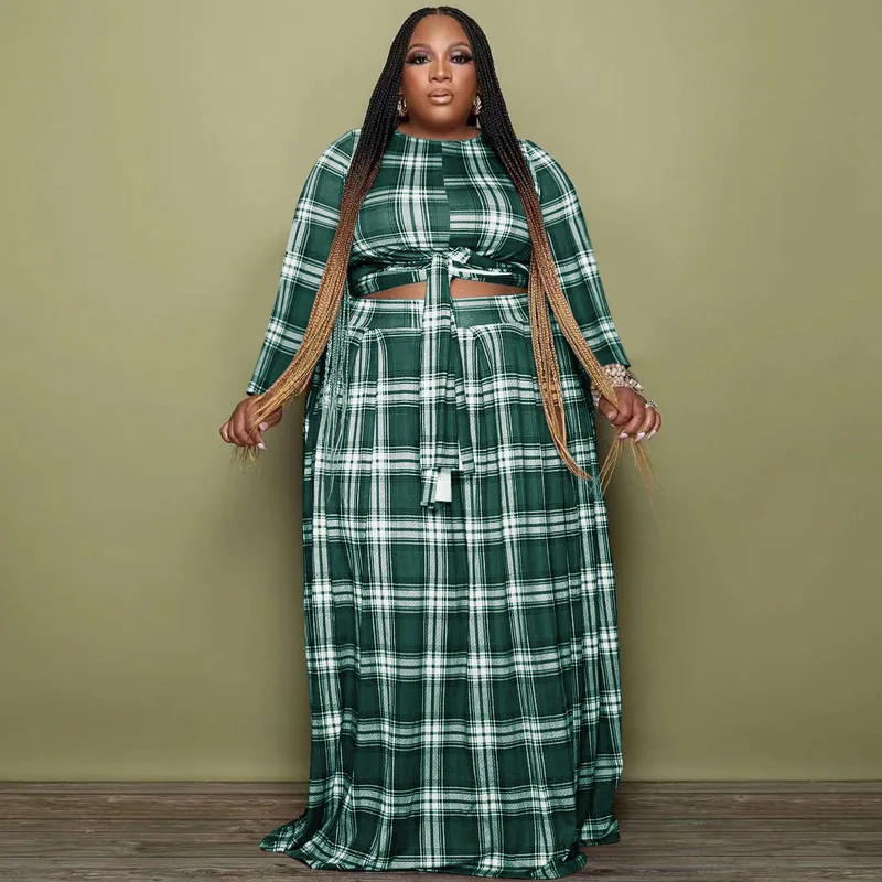 BH698 new arrival 2022 women fall and winter plaid print long sleeve plus size two piece dress set clothing