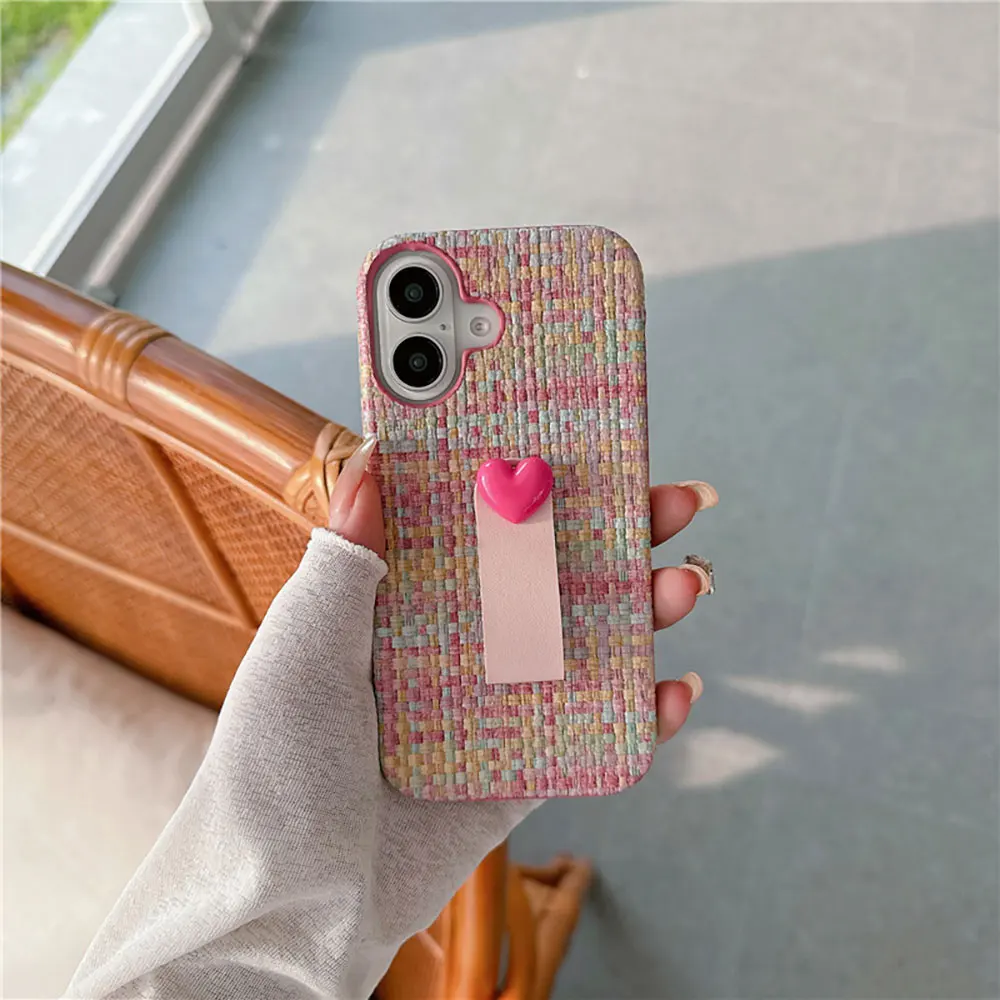 Laudtec Sjk937 Plain Phone Case Weave 3D Heart Holder Skin Friendly Girls Colourful For Iphone 16 15 14 13 12 11 Plus Pro Max