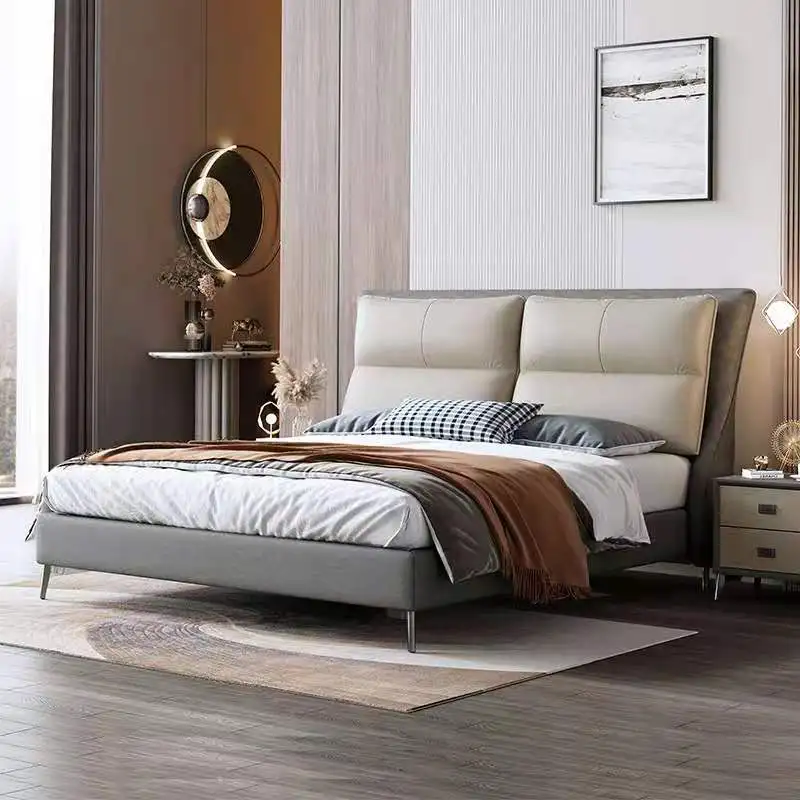 
Leather King Size Design Modern Style Bed Soft Bed Nordic Style Bedroom Master Bedroom 1.5M Double Wooden plus Faux Leather 