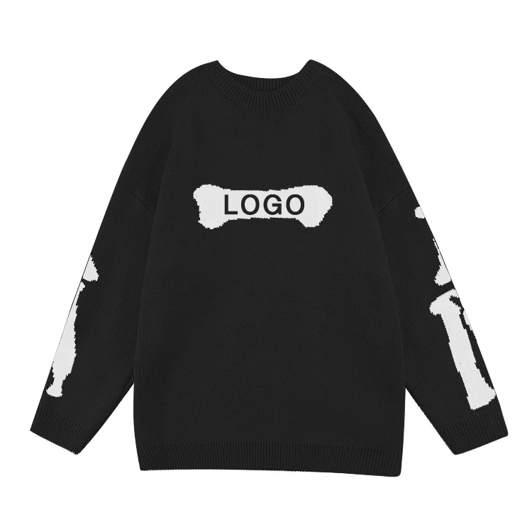 Custom Logo Brushed Mohair Wool Knitting Skull Jacquard Fuzzy Knitted Men Pullover Jackets Fuzzy Mohair Blend Sweater